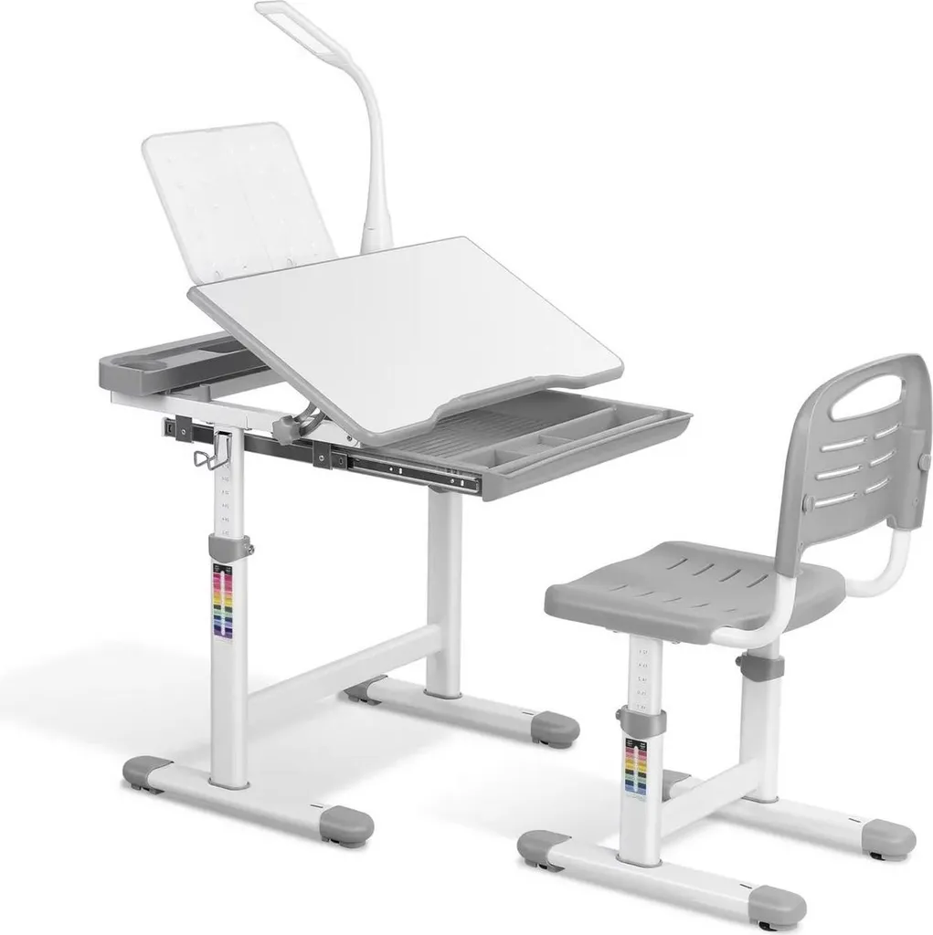 Bureau enfant anti-mal de dos réglable avec support livre gris clair