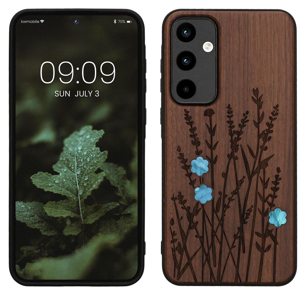 kwmobile Hülle kompatibel mit Samsung Galaxy A55 5G Hülle - Holz Case - Handy Cover - TPU Handyhülle in Dunkelbraun Perlmutt-Lavendel