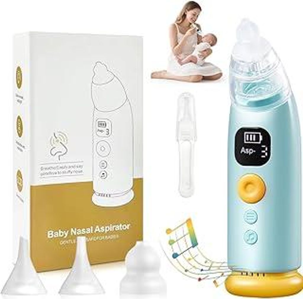 Nasensauger Baby, 65 kPa Hohe Saugleistung Nasensauger Baby Elektrisch mit 3 Saugstärken Musik & Licht Funktion Und 3 Größen Silikon Tipps, Geei...