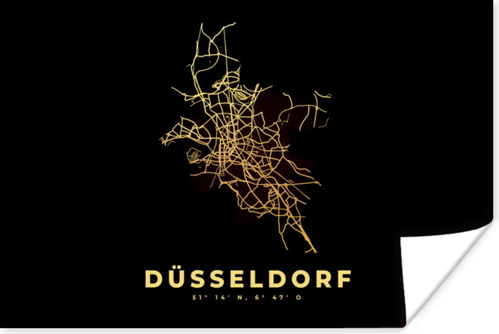 MuchoWow Poster Gold - Düsseldorf - Karte - Stadtplan - Wegbeschreibung 90x60 cm - Schlafzimmer