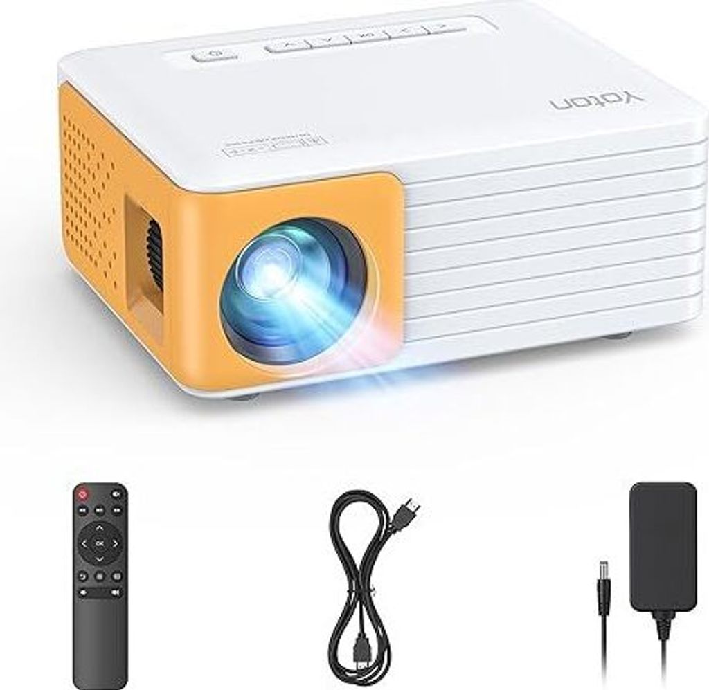 A white and orange mini projector with its accessories laid out below it on a white background.