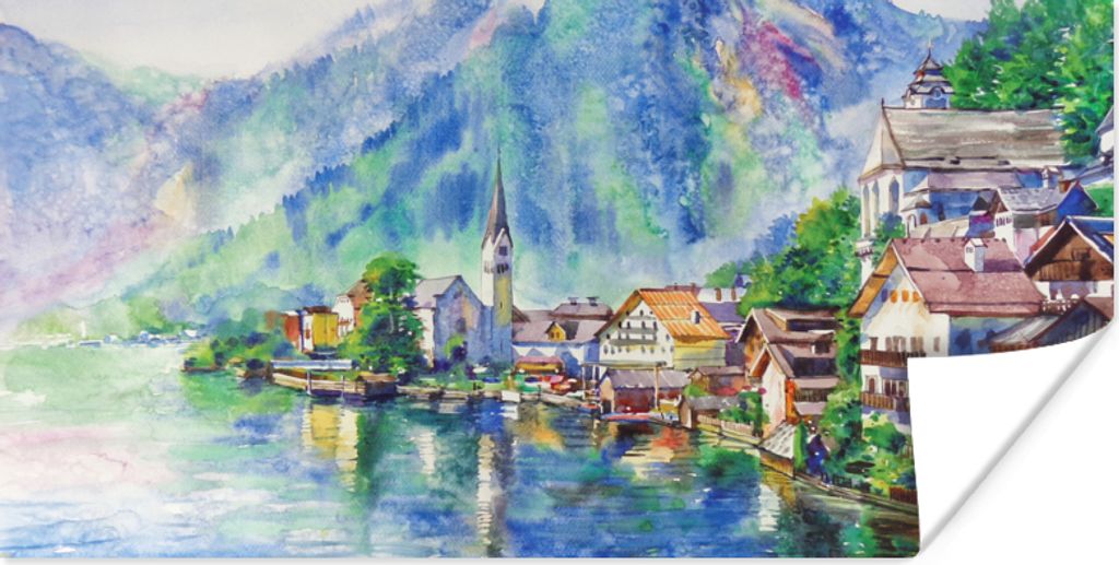 MuchoWow Poster Gemälde - Ölfarbe - Haus - Berge - Wasser 40x20 cm - Poster für die Wand - Poster Schlafzimmer