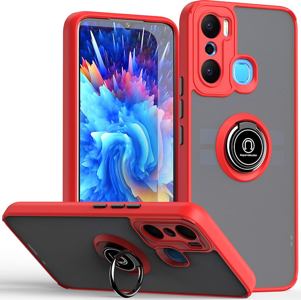 Infinix Hot 20 Play Hülle, Ring Halter Ständer Matte TPU Rahmen Stoßfest Schutzhülle für Infinix Hot 20 Play Rot