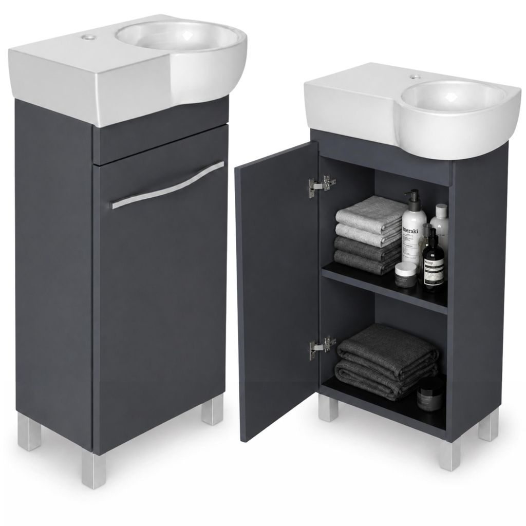Paplinskimoebel Waschtischunterschrank Burgos 50 cm mit Waschbecken Cersanit Graphit – Badezimmermöbel stehend, schmal SLIM, Softclose, kleine B...