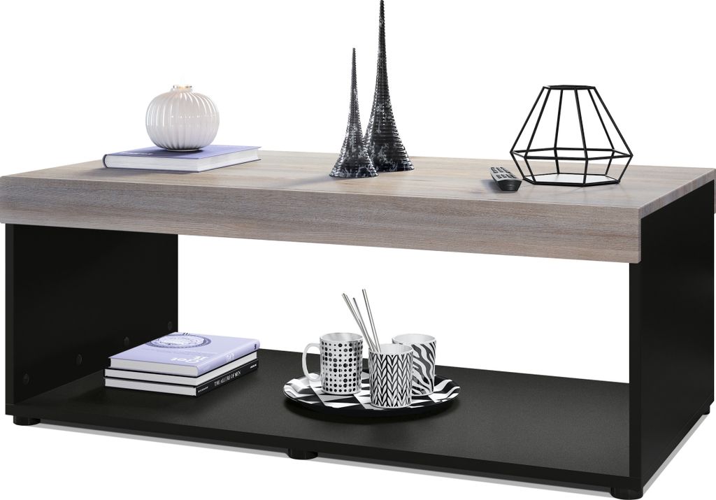 Vladon Couchtisch Pure, Germany, Wohnzimmertisch in Kastenform, Schwarz matt/ Eiche Nordic (104 x 40,5 x 58 cm)