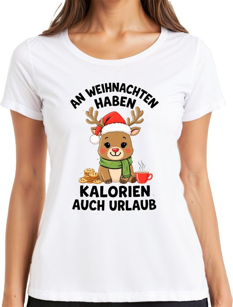 An Weihnachten Kalorien Urlaub Rentier Kekse Kaffee niedlich Damen T-Shirt, Weiß, XXL