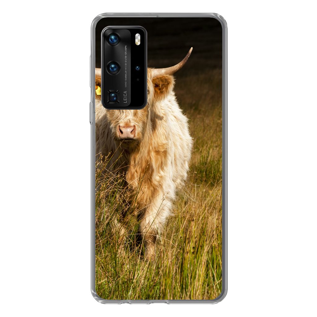 MuchoWow Handyhülle Schutzhülle Hülle für Huawei P40 Pro Schottische Highlander - Licht - Gras - Tiere Silikon Softcase Handy Hülle - Schutz