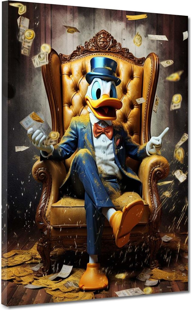 Comic Duck sitzend im Sessel, Motivation Leinwandbild Wandbild Kunstdruck XL Wanddeko: 75x100x4cm