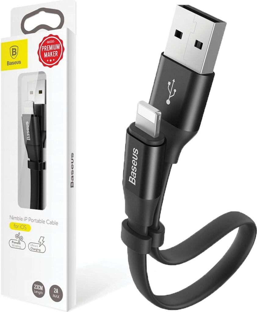 A black USB to Lightning charging cable with a cable clip, shown next to its packaging.