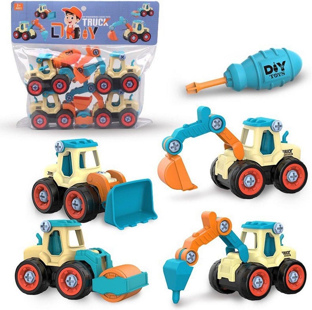 4-in-1 Baustellenfahrzeuge Spielzeug Set – DIY Bagger & Konstruktionsfahrzeuge zum Zerlegen