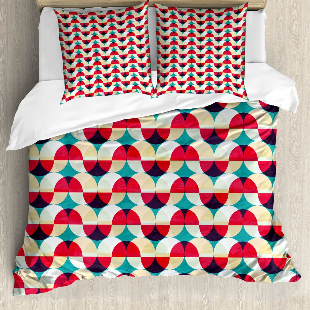ABAKUHAUS Modern Bettbezugs Set Für Doppelbetten, Vintage Geometrische Kreise, Milbensicher Allergiker geeignet mit Kissenbezügen, Mehrfarbig
