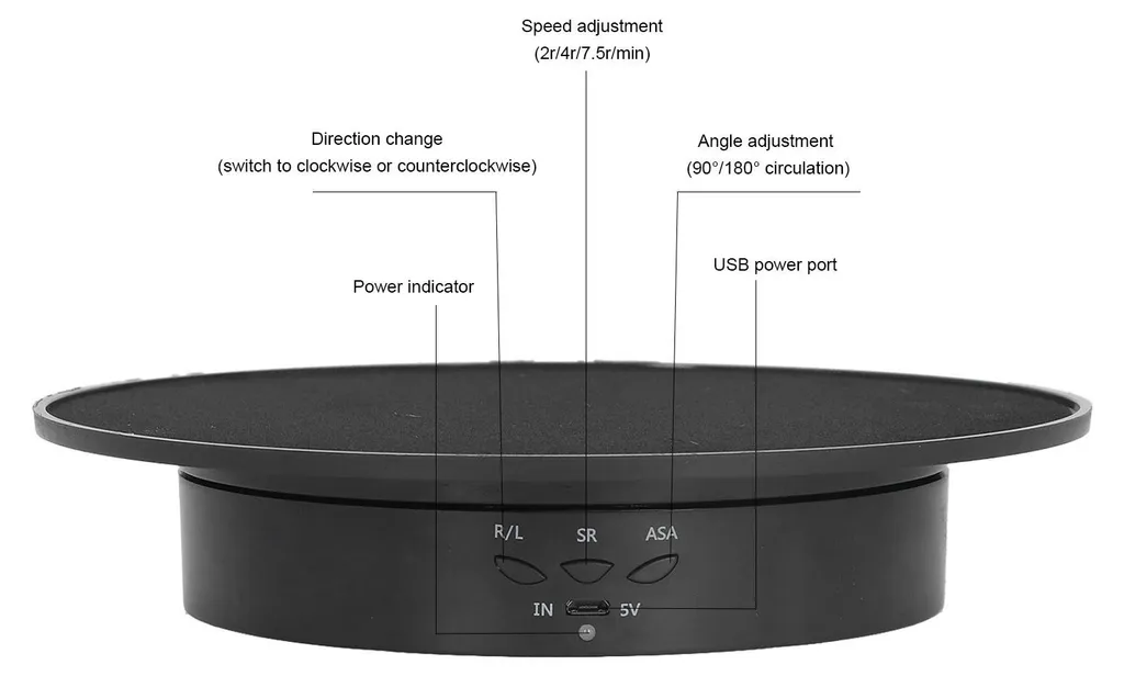 Platine rotative motorisée 200mm - Support électrique noir USB 3 vitesses