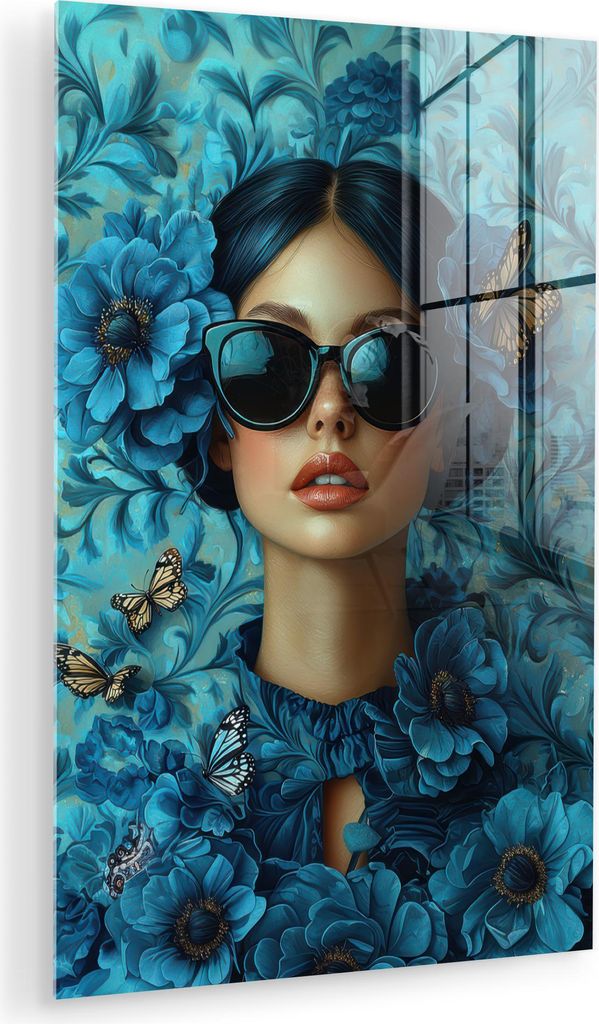 MuchoWow Glasbilder - Bilder auf Wandbild - Foto auf Glas Frau - Blumen - Schmetterlinge - Blau - Abstrakt 40x60 cm Wanddekoration aus Glas - Acryl...