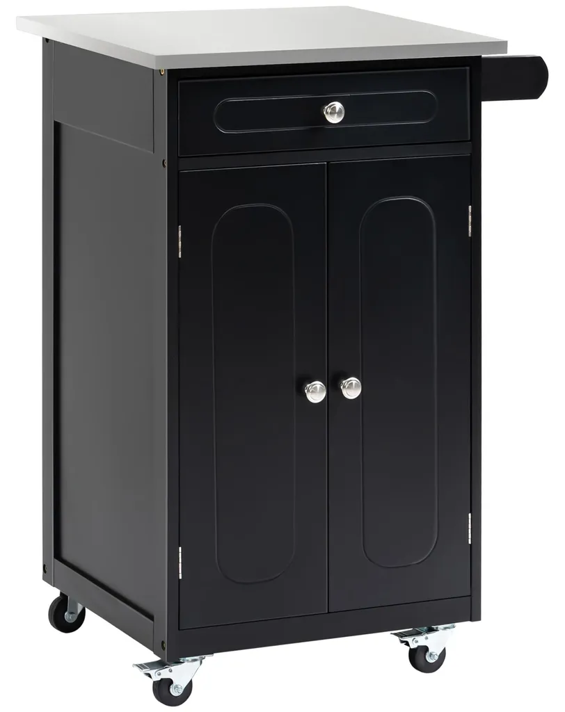Meuble d'appoint cuisine à roulettes noir avec plan de travail en inox