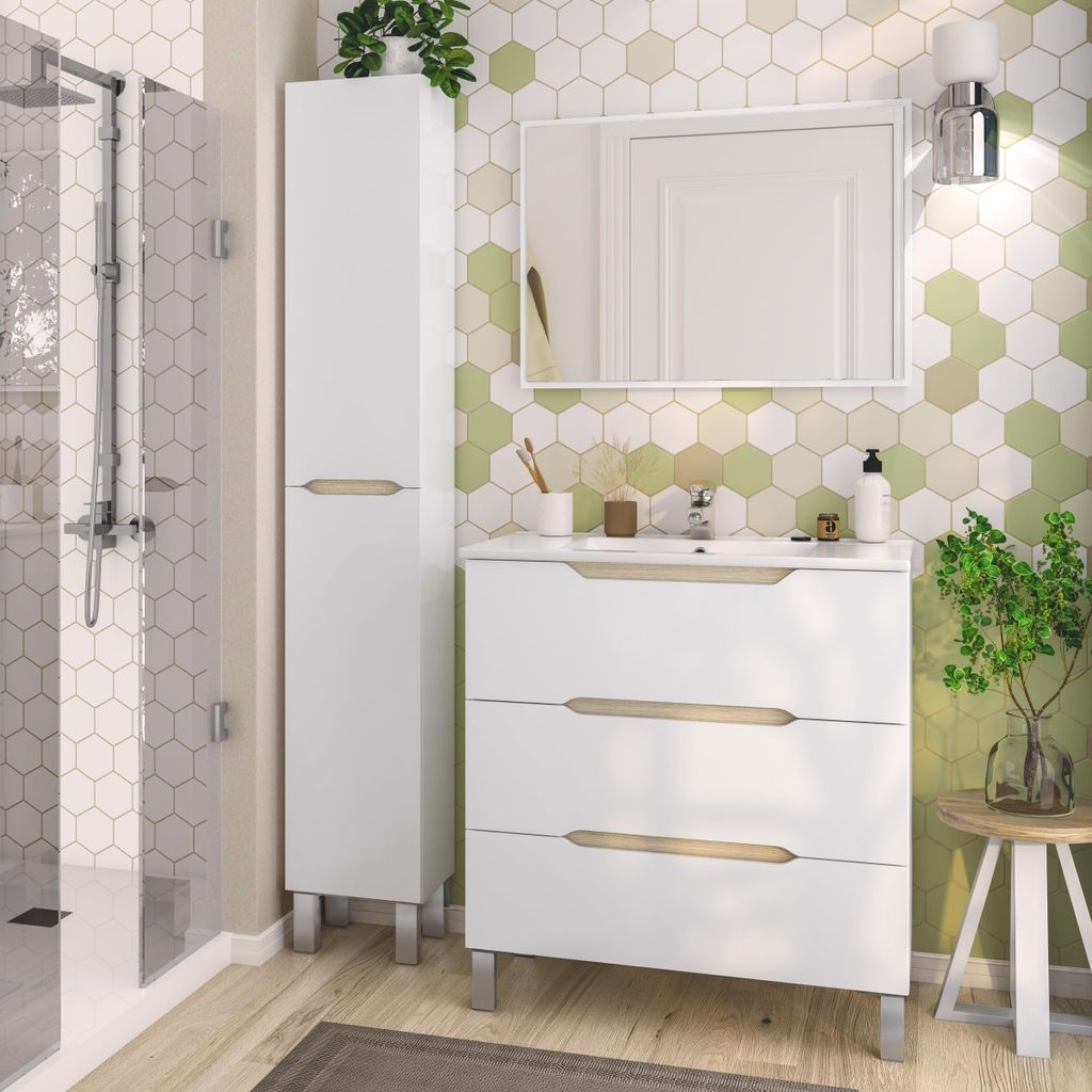 Badezimmer-Set >LEA< (3-tlg.) in Weiß glänzend / Eiche Nachbildung - 80x86x45 (BxHxT)