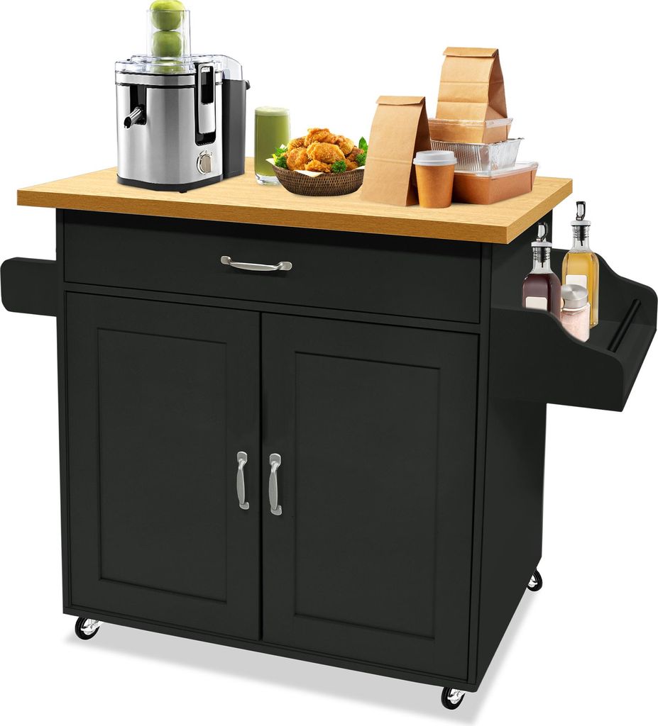 YUENFONG Küchenschrank mit Arbeitsplatte, Schublade & Schrank, Rollbarer Küchenwagen, Servierwagen aus Holz, für Küche Restaurant, Schwarz