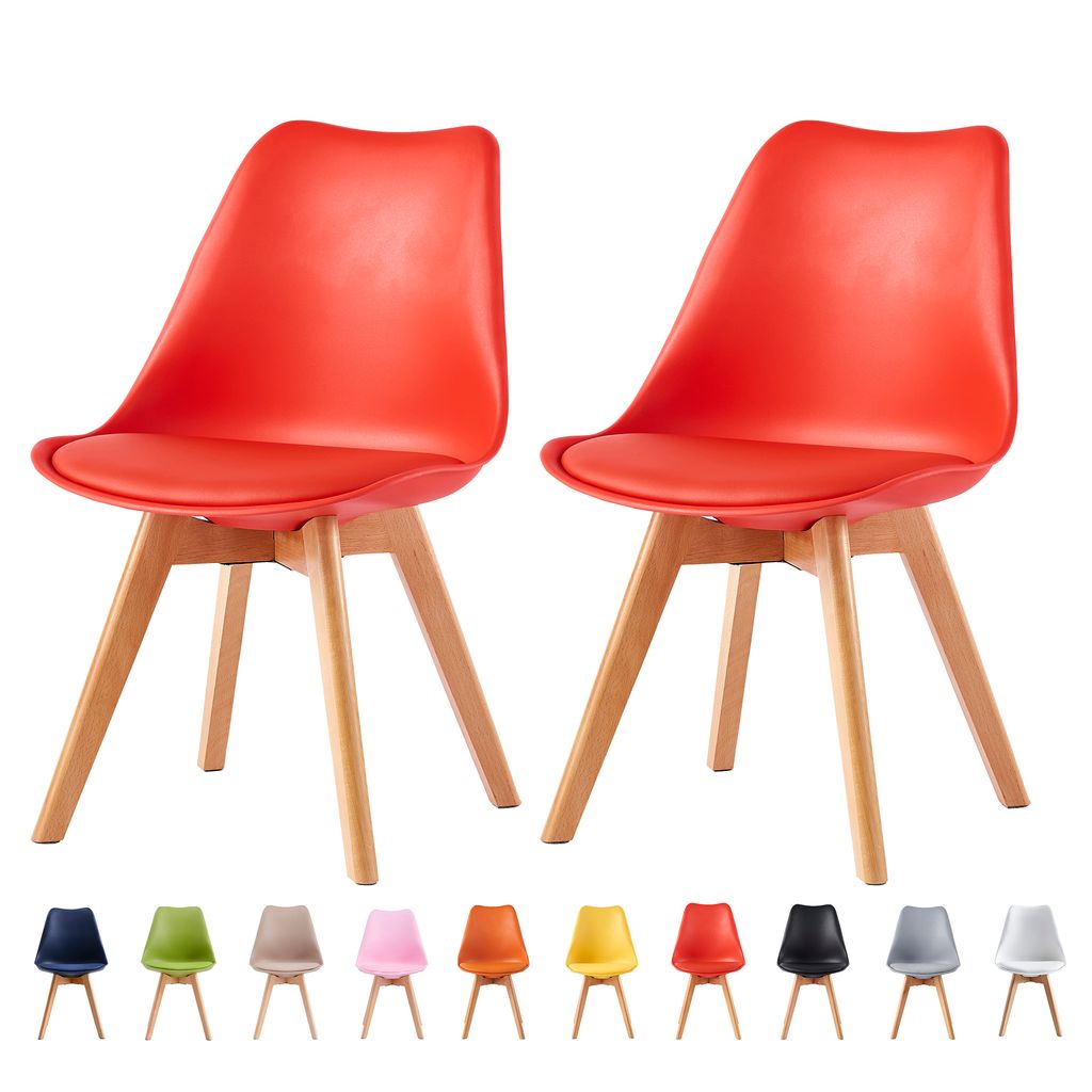 Two red chairs are shown from the front, with a row of chairs in different colors below them.