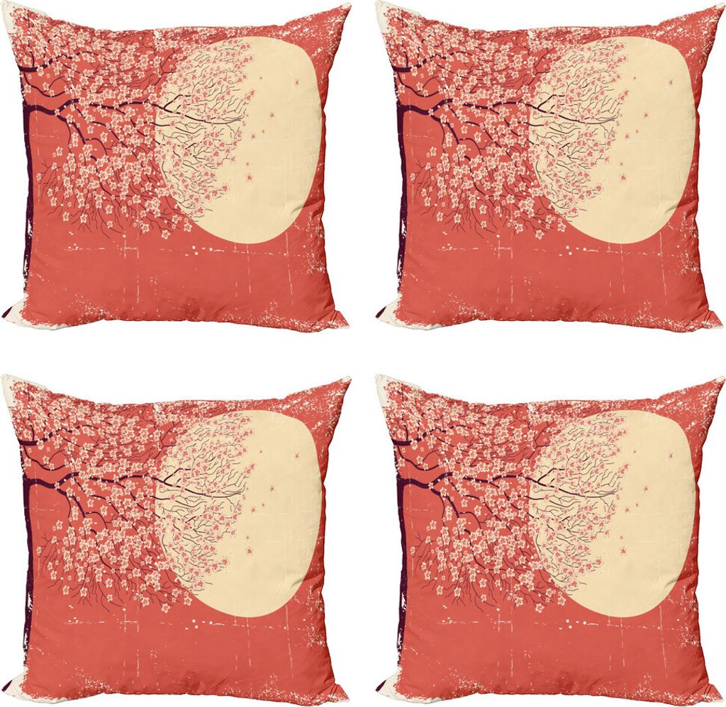 ABAKUHAUS Frühling Kissenbezug Set (4 Stück), Kirsche Sakura-Blüten, Moderner Doppelseitiger Digitaldruck, 45 cm x 45 cm, Coral Pale Yellow Plum