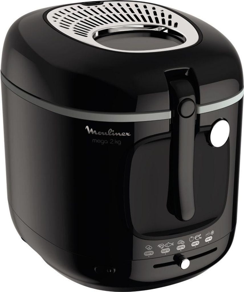 A black Moulinex deep fryer is shown against a white background.