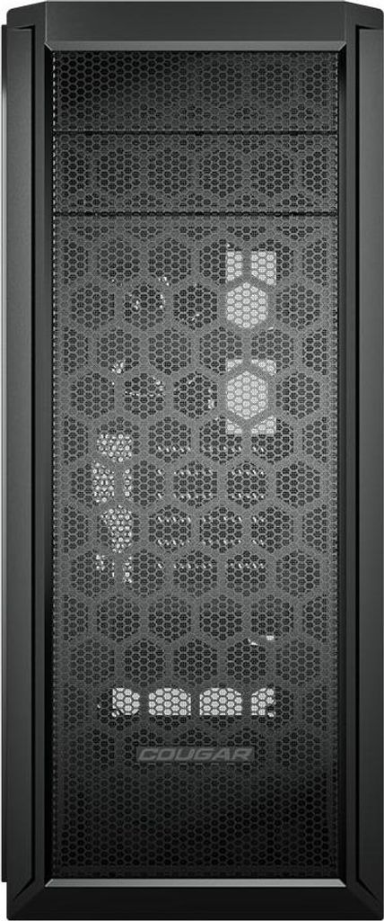 A front view of a black computer tower case.