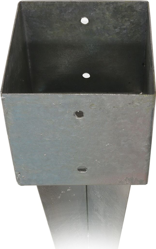 A close-up, top-down view of a metal post anchor with holes for mounting.