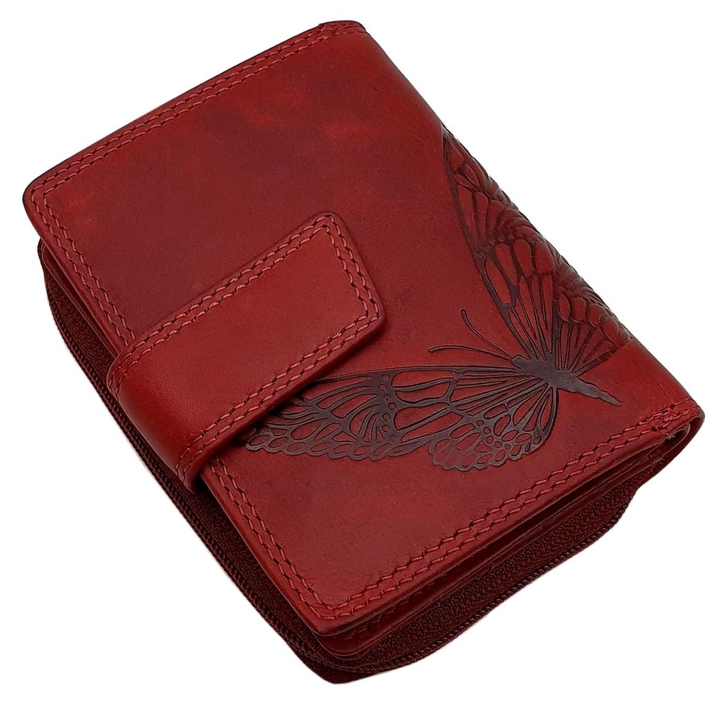Kleine Damenbörse aus echtem Rindleder im Hochformat mit RFID- und NFC-Schutz (Schmetterling-Motiv, Kirschrot)