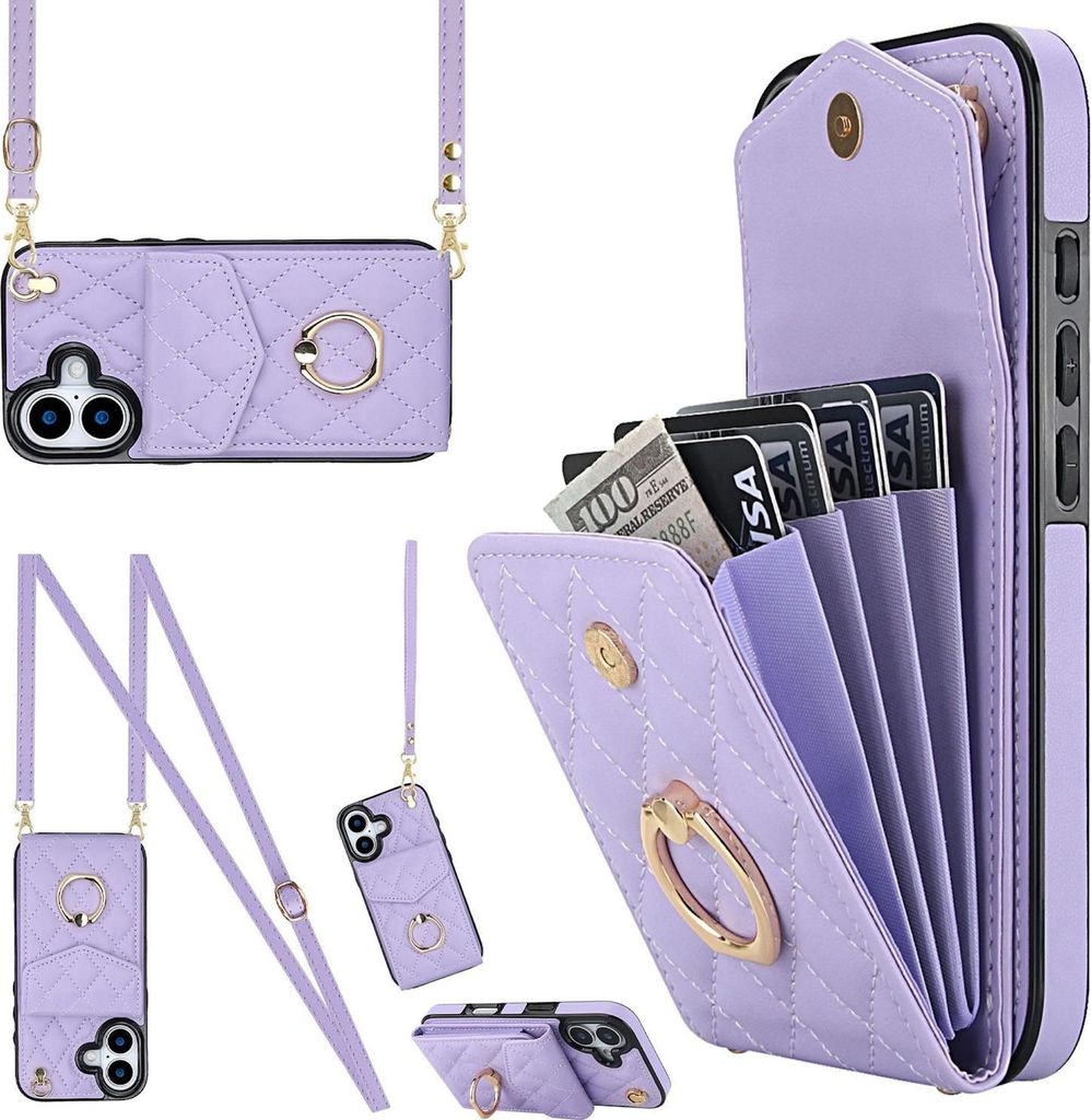 Crossbody Kunstleder Hülle für Apple iPhone 17 mit Rhombic Muster & RFID Kartenfach Lila