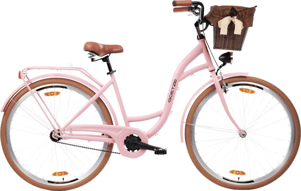 Goetze Style 28 Zoll City Bike, 46 cm Tiefeinsteiger, 1-Gang mit Rücktrittbremse hinten & V-Bremse vorne, LED-Beleuchtung, Rattankorb mit Bezug