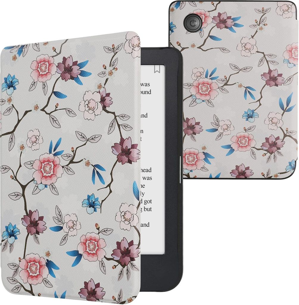 kwmobile Schutzhülle für Kobo Clara 2E / Tolino Shine 4 Hülle - eReader Flip Case mit Auto Sleep Funktion - Blüten und Blätter mit Weiß Rosa ...
