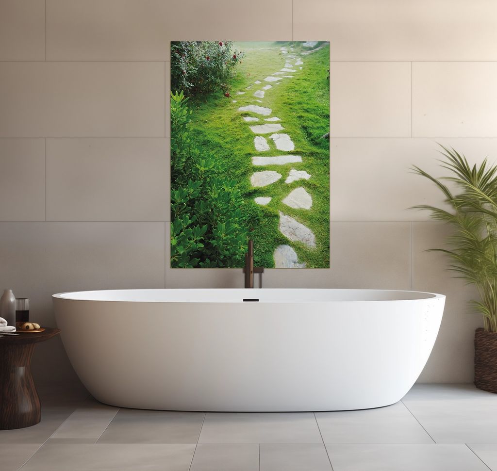 Wallario wasserfestes Poster selbstklebend 70 x 100 cm, Steinweg im Grünen, Badezimmerposter Spritzschutz mit Hochglanzoberfläche in Glasoptik
