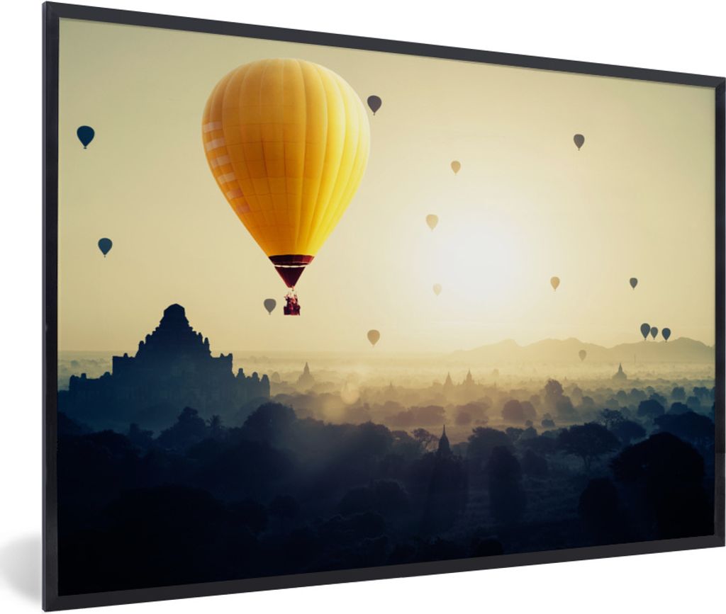 MuchoWow Gerahmtes Poster Heißluftballon - Nebel - Myanmar 30x20 cm - Poster mit Schwarzem Bilderrahmen Wandposter Rahmen Foto Bilder - Kunstdru...