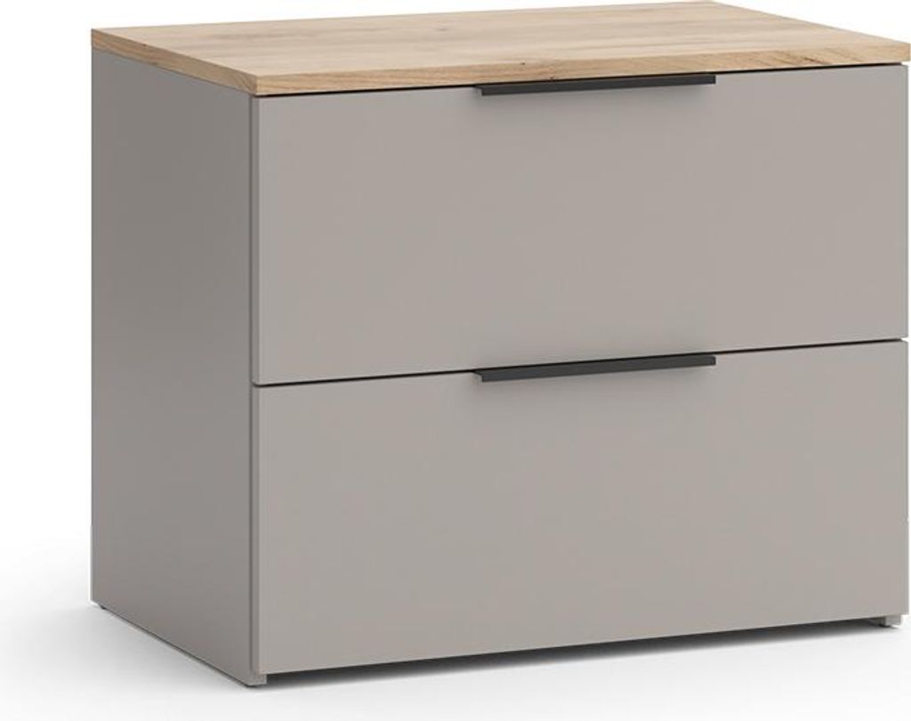 A product shot of a two-drawer dresser on a white background.
