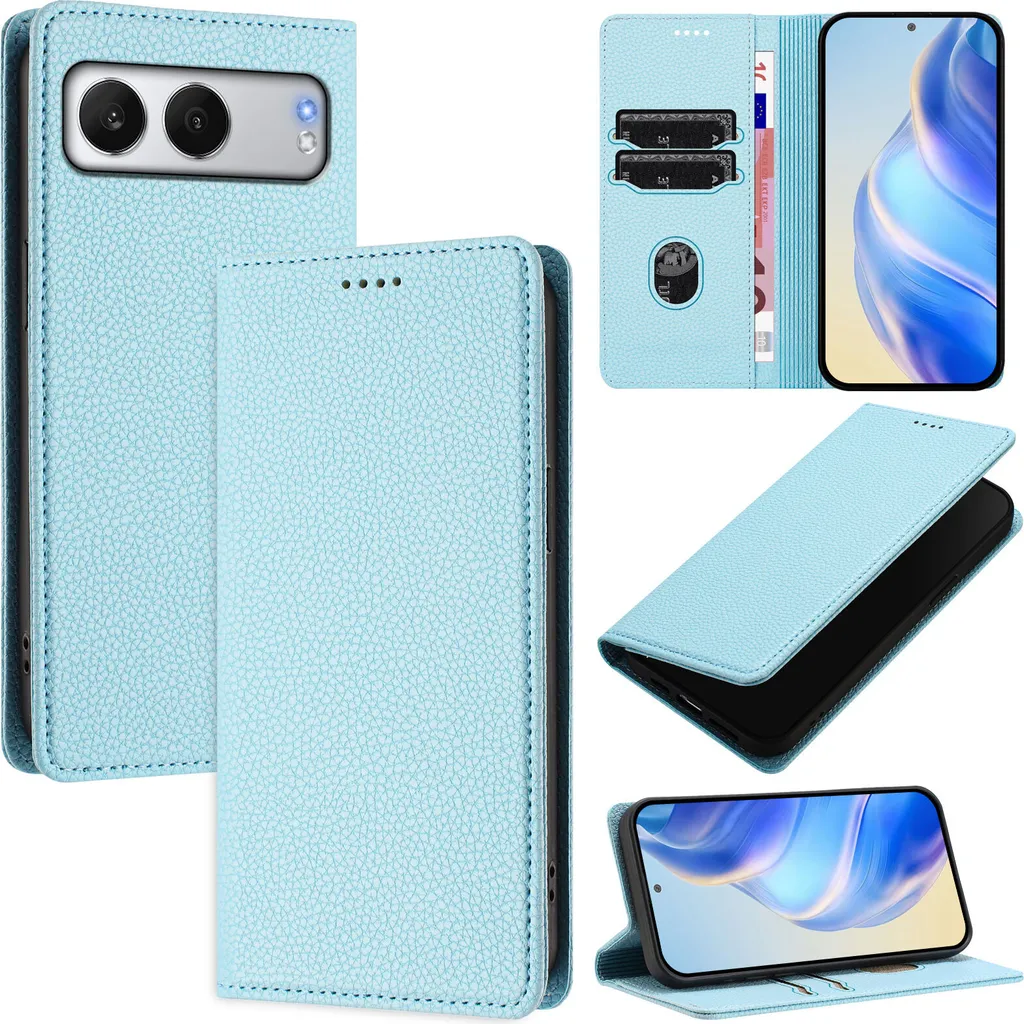 Custodia in pelle per OnePlus Nord 4, pelle Litschi, custodia a portafoglio con slot per carte e supporto blu chiaro