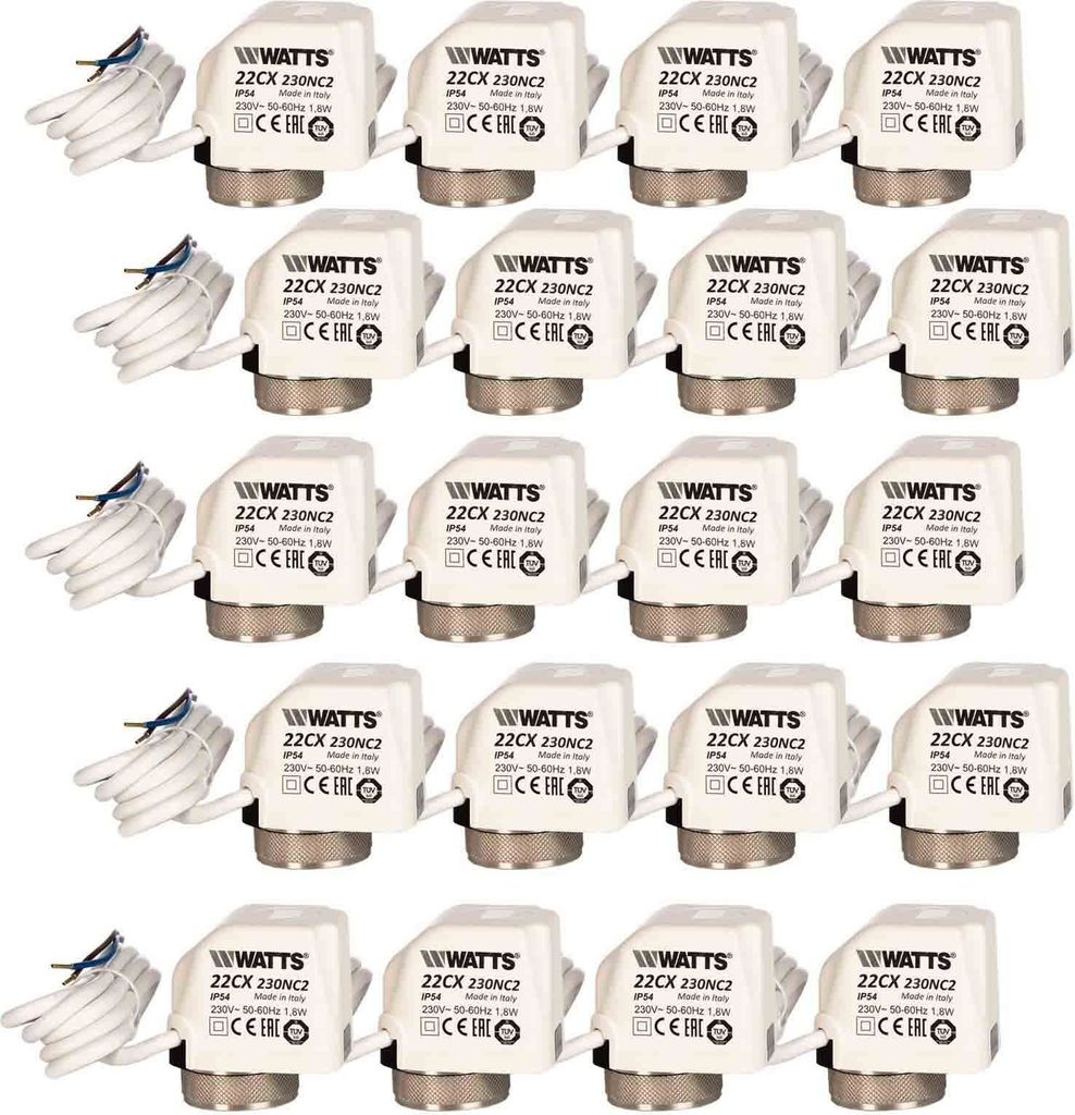A grid of white thermostatic actuators for underfloor heating systems.