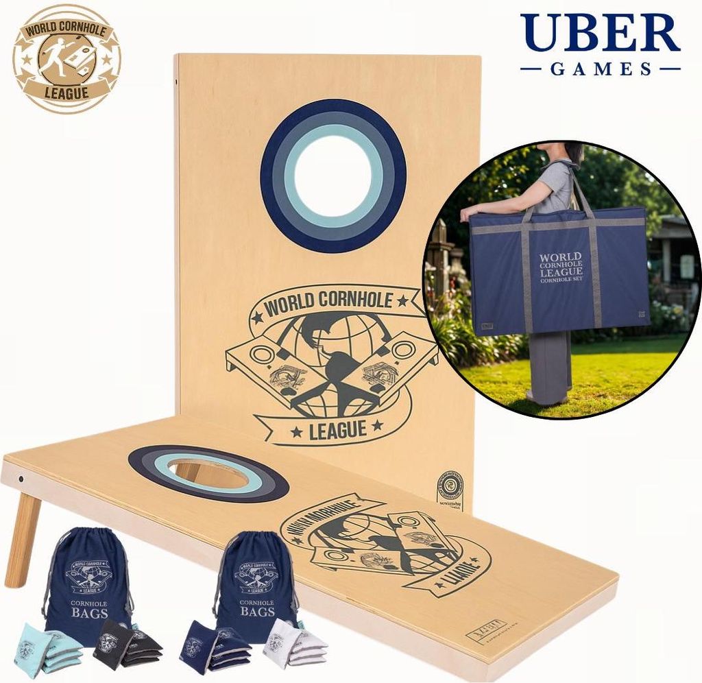 World Cornhole League - Mit Tasche - 90 x 60 cm großes Doppelbrett-Set - 100% Holz - 16 Bean Bags - Profi - Ubergames