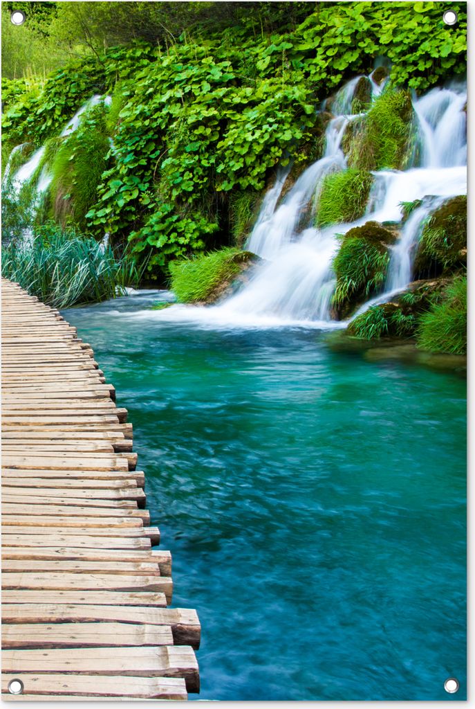 MuchoWow 60x90 cm Outdoor-Poster Gartendeko Sichtschutz Garten Poster für den Garten Brücke - Wasser - Pflanzen - Wasserfall - Grün