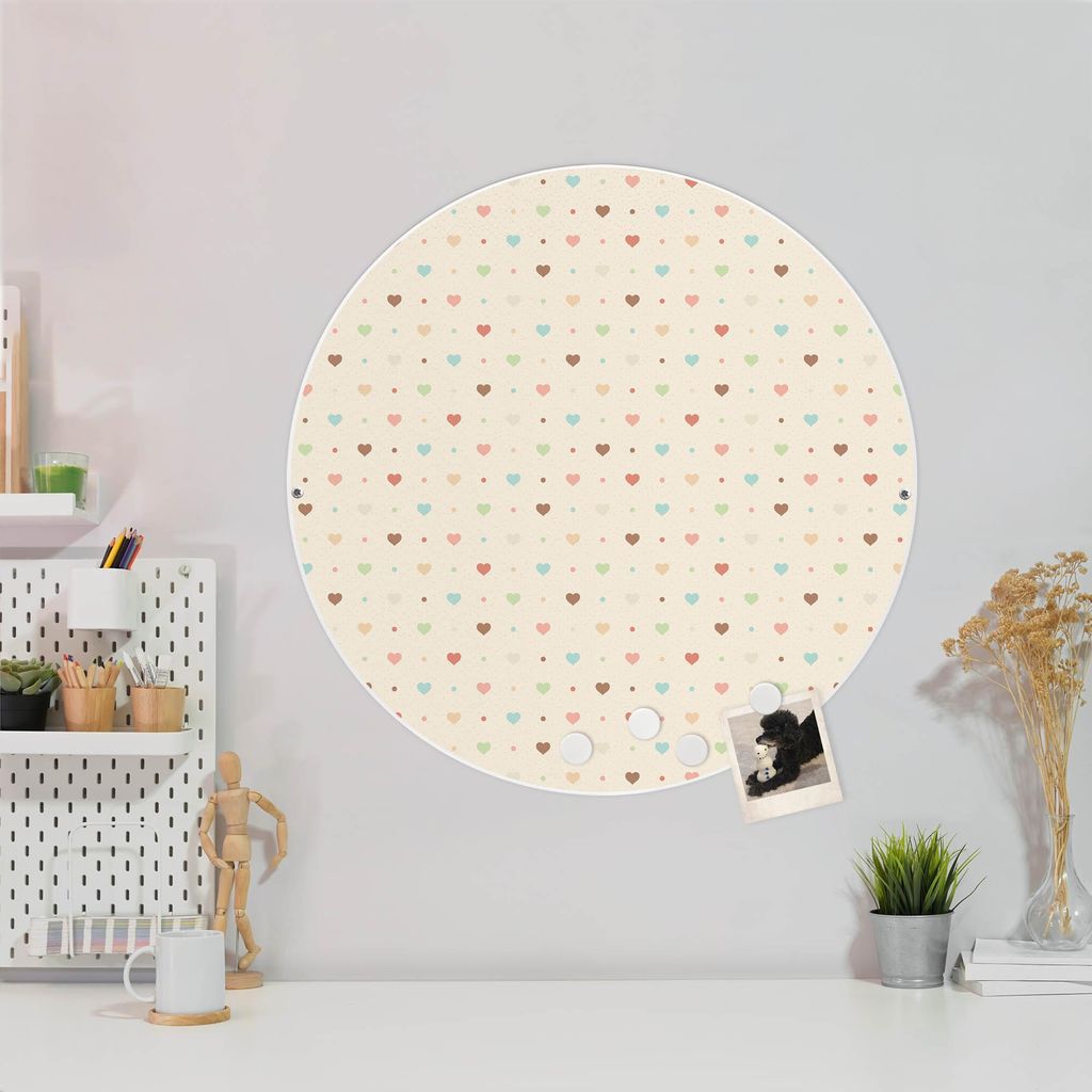 Design Stahlmagnettafel Weiß Rund 47cm Herzen bunt