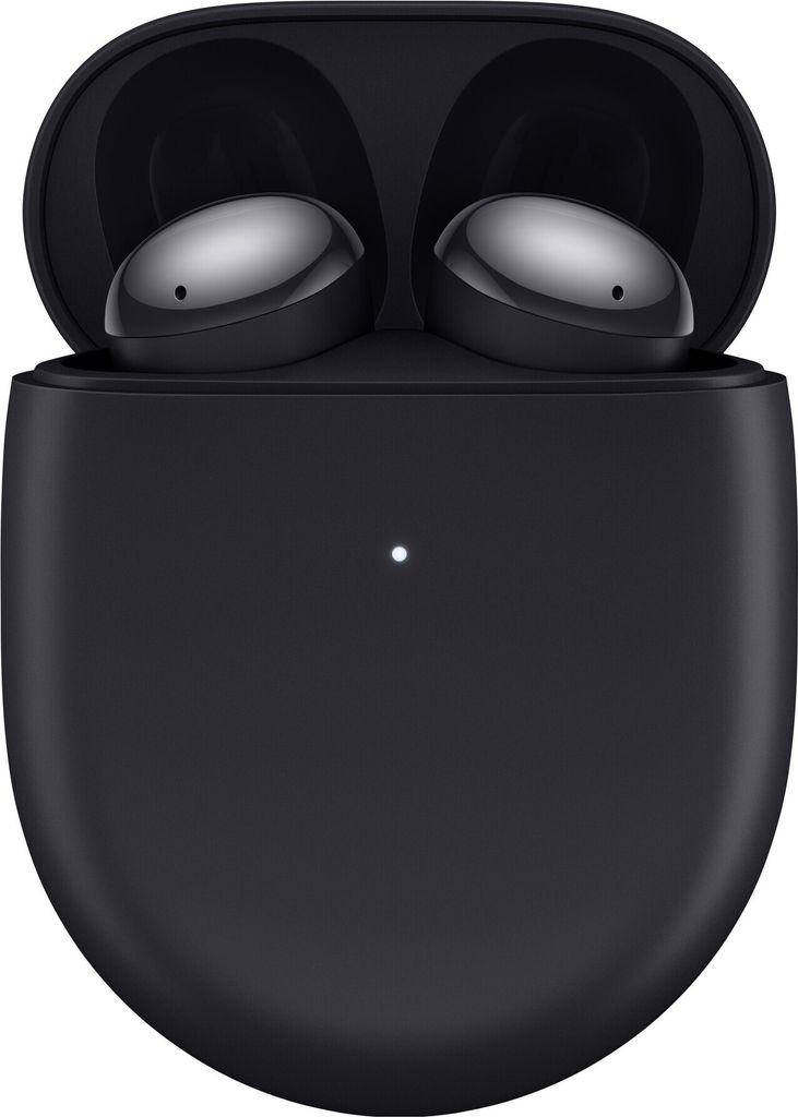 A pair of black wireless earbuds in their charging case, with the lid open.