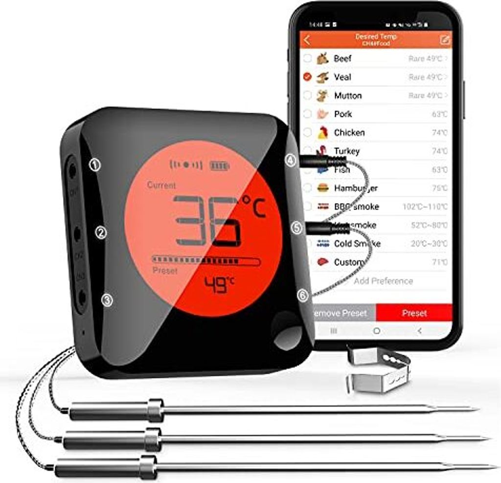 BFOUR KITCHE Bluetooth Thermometer Digitales Grill 3 Temperatursonden