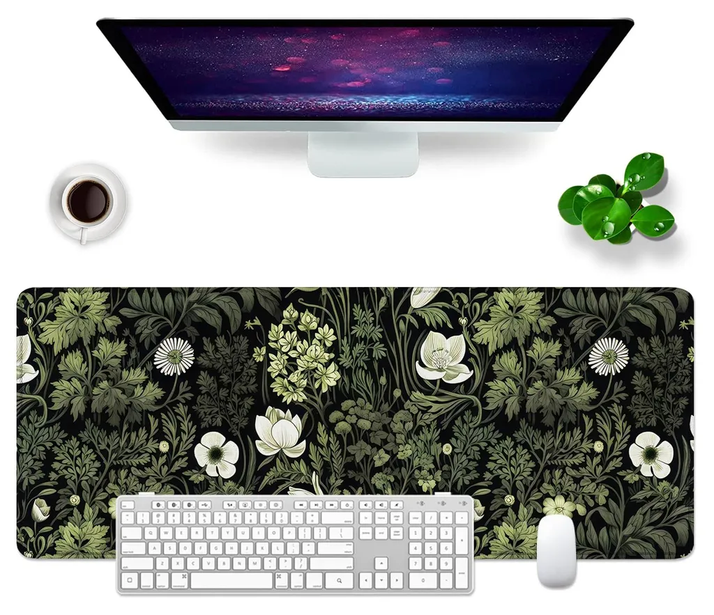 Tapis de souris XXL motif floral noir 80x30 cm pour clavier et bureau PC