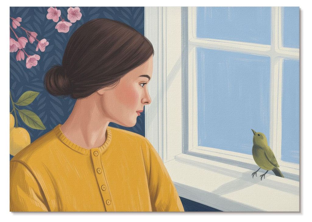 POSTER - 29x21 cm (A4) - Carpe Diem - Frau in gelbem Hemd mit einem Vogel auf dem Fensterbrett - Wandbild für Wohnzimmer Schlafzimmer & Flur, Mode...