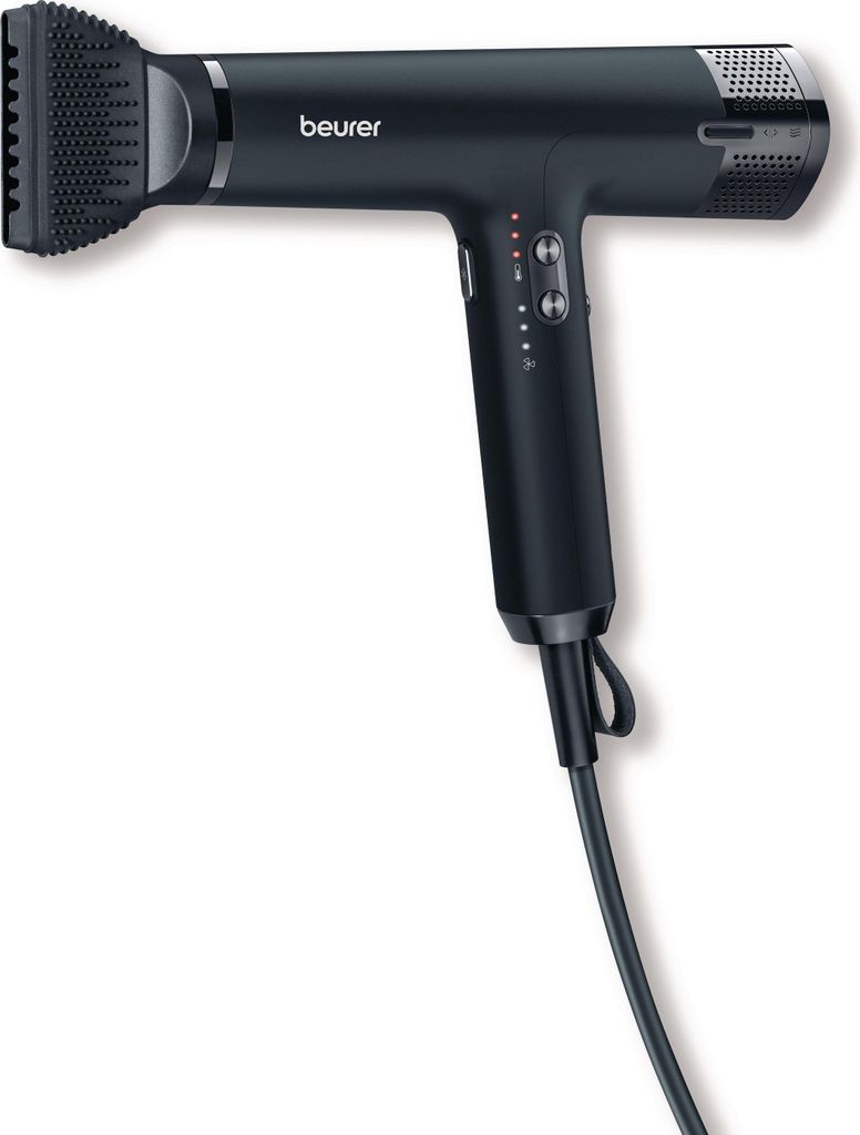 A black BEURER hair dryer with a diffuser attachment is shown against a white background.