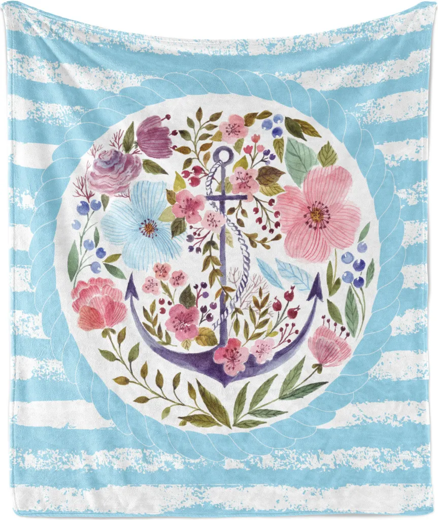 ABAKUHAUS Coperta in morbido pile di flanella, motivo nautico con ancora, bouquet di rose marine, ghirlanda, strisce orizzontali anticizzate, 175 x 230 cm, multicolore