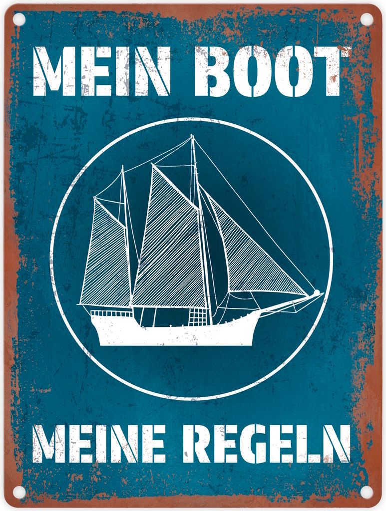Mein Boot meine Regeln Metallschild in 15x20 cm mit Rostoptik in blau