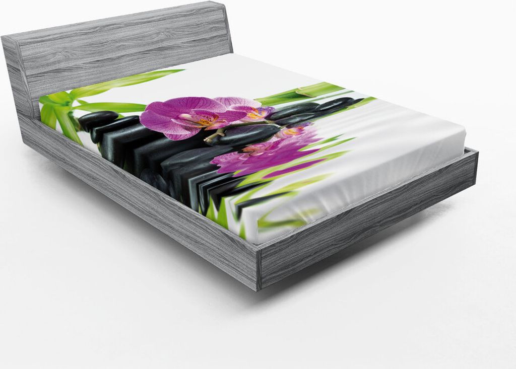 ABAKUHAUS Spa Spannbetttuch, Asiatische Entspannung Zen Massage Steinen Lila Orchidee Bambus, 135 x 190 cm, Schwarz Lila