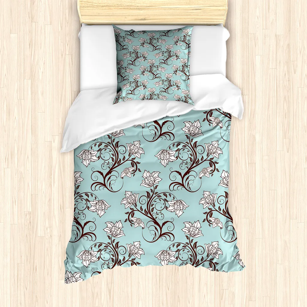 ABAKUHAUS Set copripiumino per letto singolo, motivo Royal Flower, antiacaro, adatto a chi soffre di allergie, con federa, 135 cm x 200 cm - 80 x 80 cm, Seafoam Palisander