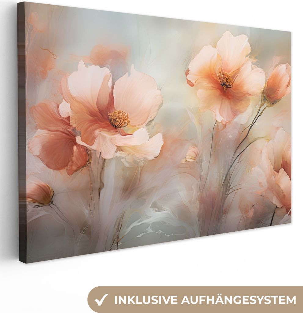 MuchoWow - Leinwandbilder - Blumen - Pastell - Kunst - Mohnblumen - Aquarell, Wandbild, Wanddeko Bilder Wohnzimmer, 90x60 cm