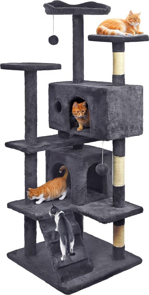 A multi-level cat tree with several platforms, perches, and enclosed spaces, featuring multiple cats interacting with the structure.