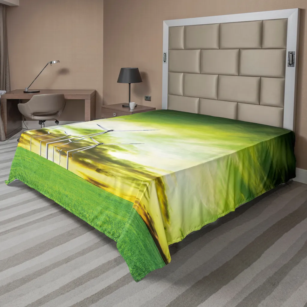 ABAKUHAUS Drap Plat Windmill 244x205cm Vert Tilleul Motif Turbines Eoliennes