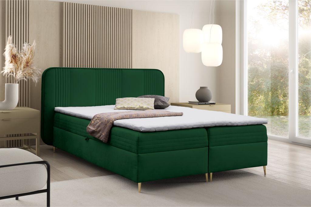 Boxspringbett GINA Doppelbett mit Bonellmatratze Topper und Bettkasten Bett Glamour Polsterbett mit abgerundetem Kopfteil Modern Schlafzimmer Vinta...